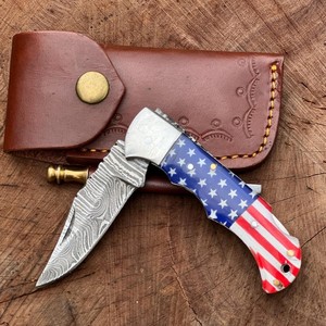UA Supplies Industrial Grade Damascus Steel Straight <b>Clip</b> Point Folding Knife Custom Flag Customized Handle OEM Hunting EDC - Product Image 1