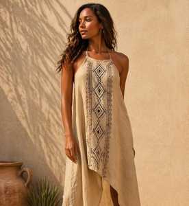Robe longue d'été sans manches en lin pour femme, col en V, style bohème, unie, brodée, écologique, lavable, idéale pour la plage et les vacances - Product Image 2
