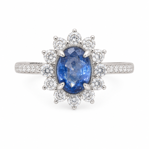 Bague de luxe ovale en saphir bleu avec accents floraux en diamants ronds en or 10K 14K 18K et argent 925 935 - Product Image 3