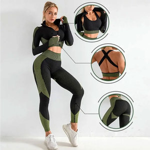 Two Piece Yoga Set High Waist Full Length Leggings Racerback Square Neck Crop <b>Top</b> Color Blocking Seamless Eco-Friendly Spandex - Product Image 5