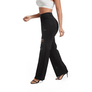 Vaqueros de mezclilla rasgados de cintura alta y pierna ancha para mujer, negros lisos, de ajuste holgado informal, de largo completo, estilo primavera - Product Image 4