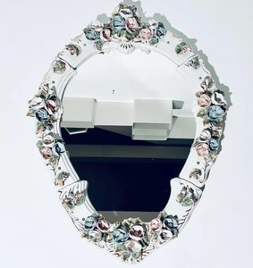Italian Porcelain Wall <b>Mirror</b> With Handmade Gold Flower Motif Frame / Vintage 1960s Venetian Design - Product Image 1