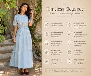 Robe longue bohème bleu clair à volants étagés, manches bouffantes, col double couche, pour femme, 100 % coton, écologique, idéale pour les fêtes estivales - Product Image 5