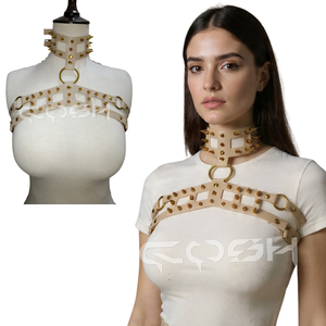 Harnais de poitrine en similicuir beige à pointes avec collier ras du cou - Product Image 6