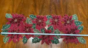 Embroidered Poinsettia <b>Table</b> <b>Runner</b> Red Green Floral Design Traditional Home Decor Polyester - Product Image 2