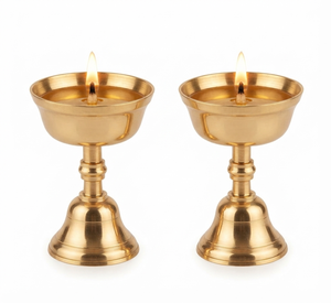 Classic Brass Cup Bowl Diya Pedestal Pair Traditional Hindu Pooja Oil <b>Lamp</b> <b>Antique</b> Gold Finish Home Temple Decor Wholesale Items - Product Image 1