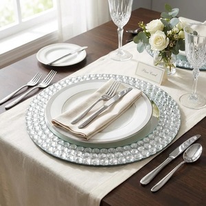 Round Glass <b>Decorative</b> <b>Plate</b> With Crystal Beaded Edge Glam Style - Product Image 3