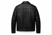 Blouson aviateur noir en cuir véritable pour homme, col rabattable, fermeture éclair, poches, coupe ajustée, logo sur le devant en toile, idéal pour l'automne