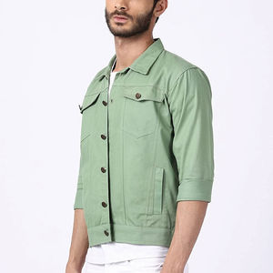 Chemise-veste en toile de coton verte pour homme, col rabattu, simple boutonnage, coupe classique, couleur unie, printemps - Product Image 3