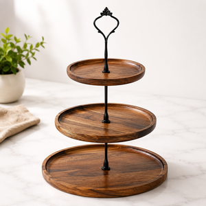 Ensemble de plateaux de service ronds à trois niveaux avec support en bois, design minimaliste, assiettes en pierre noire solide pour les plats de fête - Product Image 3