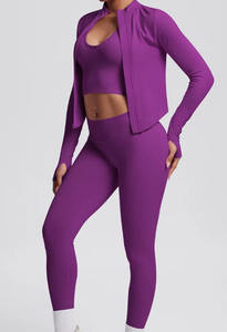 Conjunto de yoga de 3 piezas sin costuras con top corto, leggings y chaqueta de color sólido, de cintura alta y largo completo, ropa deportiva para entrenamiento físico. - Product Image 3