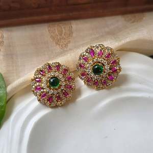 18K Gold Plated Stainless Steel Stud Earrings with Zircon and Pearl - Product Image 1