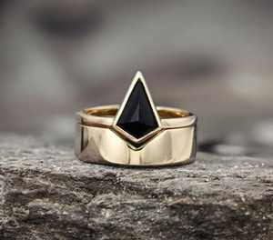 Black Onyx Ring Kite Shape Ring Set Of 2PCS 925 Sterling <b>Silver</b> 14K Gold Plated Wedding Engagement Ring - Product Image 1