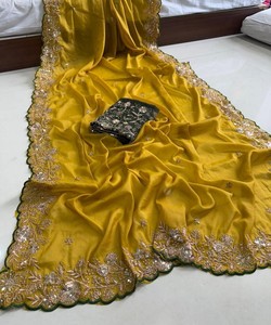 Sari moderno de georgette con lentejuelas y bordados, con blusa sin coser, para bodas, precio al por mayor, prenda étnica 84817 AMARILLO - Product Image 2