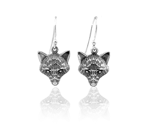 Boucles d'oreilles pendantes en argent sterling tête de renard, faites à la main, plaquées oxyde, style vintage tribal artistique bohème, certifiées, pour soirée - Product Image 1
