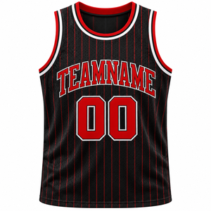 Maillot de basket-ball noir personnalisé, uniforme d'équipe en maille sans manches à rayures rouges et blanches, numéro imprimé - Product Image 2