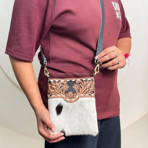 Bolso de hombro de piel de vaca genuina, bolsillo móvil suave y cómodo, monederos de mano para mujer con parche floral y bolsillos con cremallera - Product Image 5