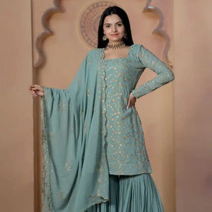 Traje de Fiesta Premium de Diseñador, Salwar Kameez Sharara Dupatta de Georgette Sintética, con Bordado y Lentejuelas, para Bodas y Festivales - Product Image 1