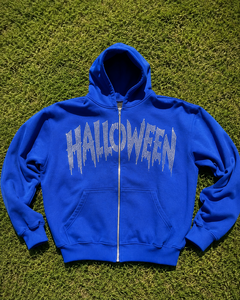 Sweat-shirt à capuche bleu pour homme avec logo personnalisé, fermeture éclair intégrale, coupe oversize, épais, avec design en strass sur le devant, style hip-hop streetwear. - Product Image 6