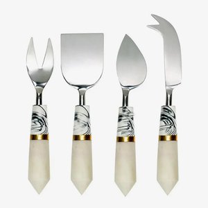 Ensemble trancheur à fromage et épandeur à beurre en acier inoxydable avec poignées en marbre blanc et noir, compatible lave-vaisselle, pour utilisation sur table à manger - Product Image 1