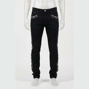Jean slim taille haute en denim foncé pour homme, broderie sequin, coupe droite, style décontracté automne, pantalon en coton - Product Image 1