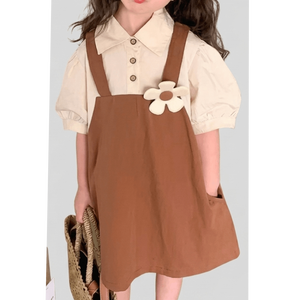 ชุดเด็กผู้หญิงวัยเตาะแตะ 2 ชิ้น สไตล์วินเทจพรีปปี้: เสื้อคอปกแขนพองและชุดเดรสสายเอี๊ยมลายดอกไม้ - Product Image 1