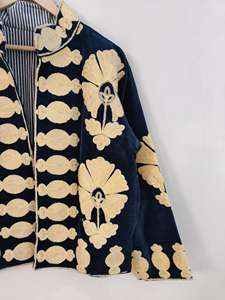 Velvet Hand Embroidered Suzani Quilted Jacket Breathable Cotton Bohemian Women's <b>Coat</b> - Product Image 3