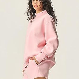 Pull ample rose poudré pour femme à col montant, manches longues décontractées et bandes assorties aux poignets et à l'ourlet, idéal pour le streetwear décontracté - Product Image 5