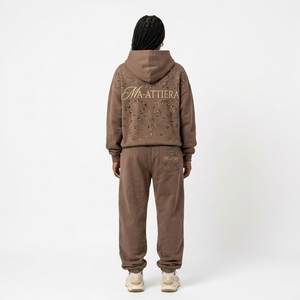 Ensemble survêtement streetwear personnalisé marron oversize avec strass, en molleton de coton, vente en gros OEM - Product Image 2