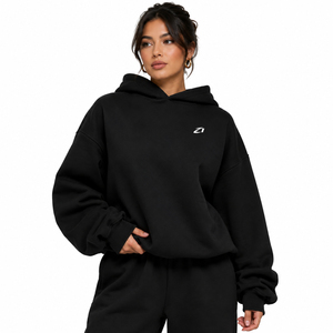 Sudaderas con Capucha de Felpa de Algodón Negras para Mujer, Estilo Casual, Hombros Caídos, de Alta Calidad, Fabricante de Ropa con Logotipo Personalizado - Product Image 1