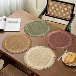 Round Natural Jute Fiber Placemat Solid Color Woven Fringed Edge Non-Slip <b>Table</b> <b>Mat</b> for Dining Room Scandinavian Style - Product Image 3