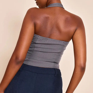 Sexy Women's Gray Zipper Front <b>Tummy</b> <b>Control</b> Shapewear Top With Halter Neck Design Medium Support Waist Cincher For Daily Wear - Product Image 2