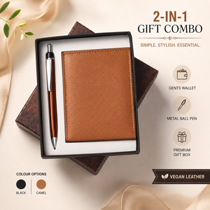 Vegan Leather <b>Wallet</b> and <b>Metal</b> Ballpoint Pen Gift Set with Printing Premium Unisex Business Gift Combo in Presentation Box - Product Image 1