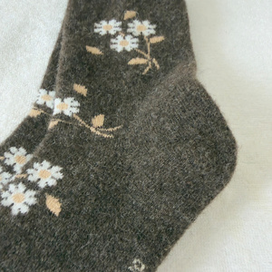 Wholesale Dark Brown Wildflower Crew <b>Socks</b> 100% Mongolian Sheep Wool Knitted <b>Winter</b> Warm Thick Floral <b>Socks</b> for Women - Product Image 5