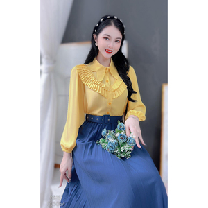 เสื้อเชิ้ตทำงานผู้หญิงแบบหรูหรา คอปกกลมใหญ่ จับจีบระบายด้านหน้า แขนพอง สำหรับร้านบูติกและชุดทำงานออฟฟิศ ขายส่ง - Product Image 3