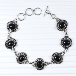 Pulsera de Plata de Ley con Baño de Plata, Estilo Vintage, con Piedra Ovalada de Ónix Negro, Cierre de Palanca, Joyería de Moda Étnica Bohemia para Mujer - Product Image 1