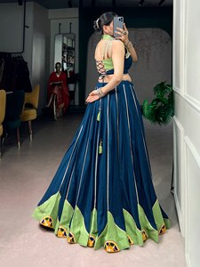 <b>Women</b> <b>Lehenga</b> Choli Cotton Floor-Length Quick Dry Festival Dress Gamthi Work Mirror Embellishment Pleated Skirt Navratri Wedding - Product Image 2