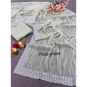TENDANCE EN MOUSSETTE DE SOIE SEQUENCE TRAVAIL SAREE AVEC CHEMISIER NON COUDU PISTA - Product Image 1