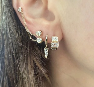 Fashion Drop Earrings 14K Solid Gold Custom Wholesale Fashion Jewelry Silver 925 Double Bezel Setting Duo Heart Drop Earring - Product Image 4