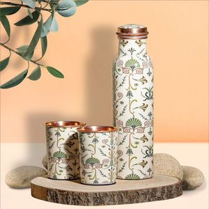 Solid Copper Water <b>Bottle</b> With Floral Pattern Traditional Indian Design For Natural Water Purification And Healthy Lifestyle - Product Image 1