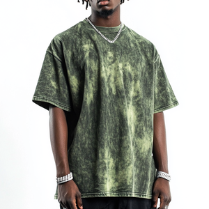 T-shirt personnalisable streetwear oversize vert délavé tie-dye à col rond et épaules tombantes, à manches courtes, respirant, idéal pour les vacances, pour homme - Product Image 5