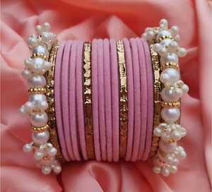 ชุดกำไลกำมะหยี่สีส้มประดับมุกและลูกปัดทองสำหรับผู้หญิง - Product Image 5