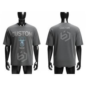 เสื้อยืดแขนสั้นสีเทาพิมพ์ลายบาสเก็ตบอล คอกลม สไตล์ลำลองสำหรับผู้ชาย - Product Image 5