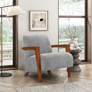 Sedia di Lusso in Legno Massello per Soggiorno, Poltrona Ultra Moderna con Cuscino in Schiuma e Tessuto Grigio - Product Image 1