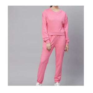 Conjunto Deportivo de Algodón Rosa para Mujer, Pantalones Largos con Bolsillos Laterales, Cuello Redondo, Corte Holgado, Ropa Casual de Otoño - Product Image 1