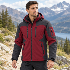 Veste d'hiver softshell pour homme avec logo personnalisé, coupe-vent, color block, doublure polaire, capuche amovible, pour randonnée et voyage en extérieur - Product Image 4
