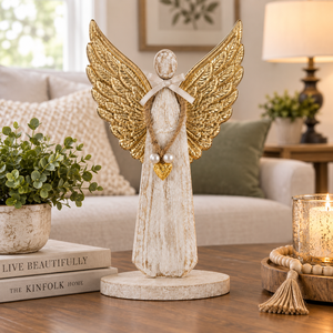 Figurine d'ange en bois avec ailes dorées et ornement en forme de cœur perlé, décoration de table rustique faite à la main pour le salon de Noël - Product Image 4
