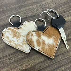 Personalized Handcrafted Genuine Cowhide Leather Keychain Elegant Hair On Hide Heart Pattern Metal Key <b>Ring</b> Gift for Women's - Product Image 5