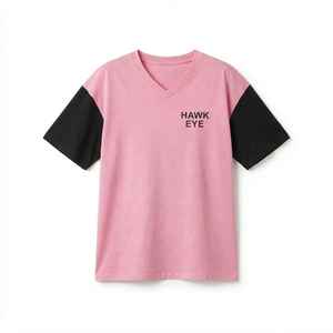 Camiseta Oversize de Mujer con Bloques de Color Rosa y Negro, Cuello en V, Ajuste Holgado, Manga Corta, de Algodón Jersey, Primavera Verano - Product Image 6