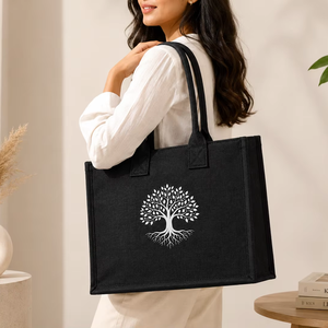AMANI Black Laminated Jute Tote <b>Bag</b> <b>Tree</b> Pattern Reusable Eco Friendly Shopping with Zipper Pocket Wholesale Wedding Exhibition - Product Image 1